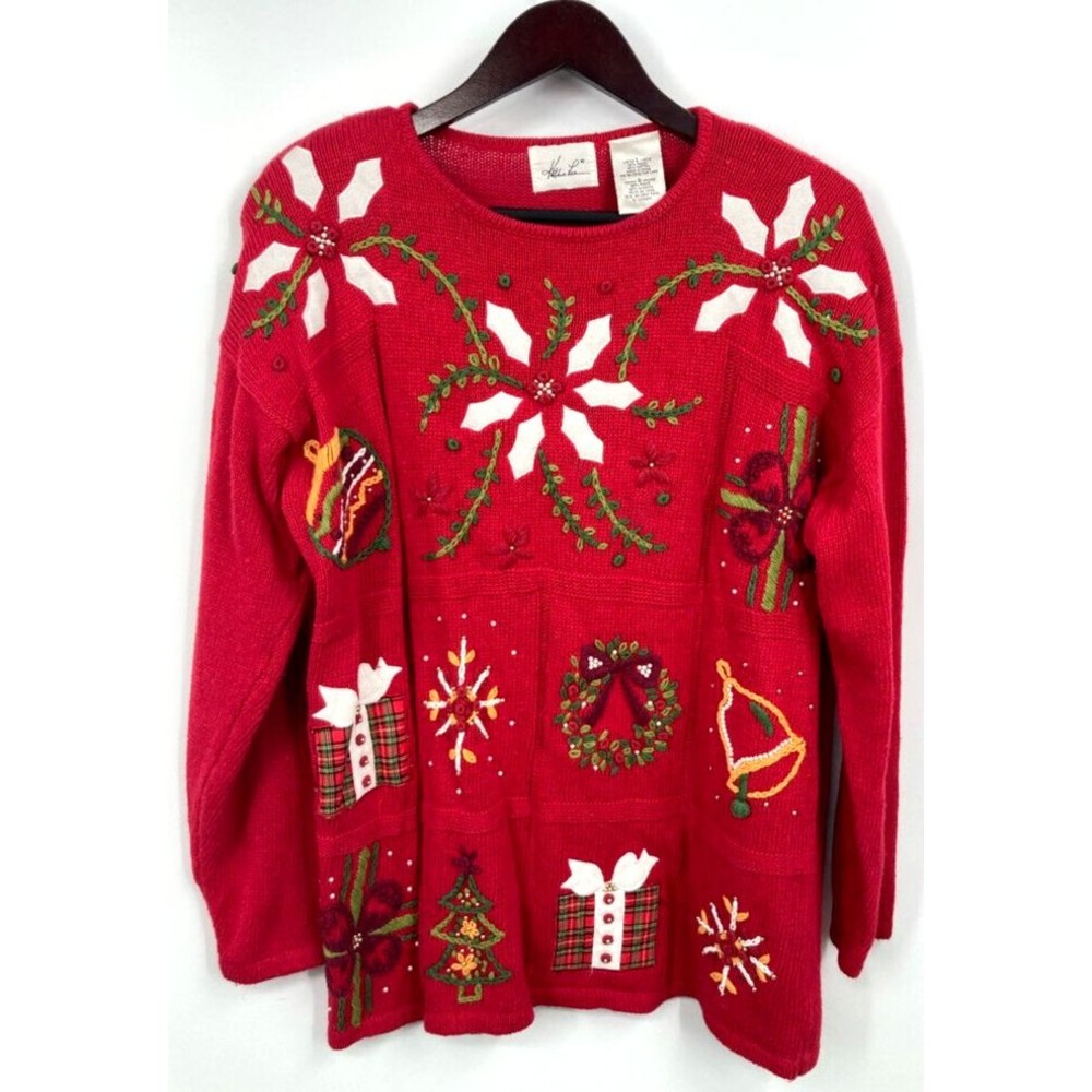 Kathie Lee Womens L Christmas Vintage Red Sweater Embroidery Appliques Beads-Wow